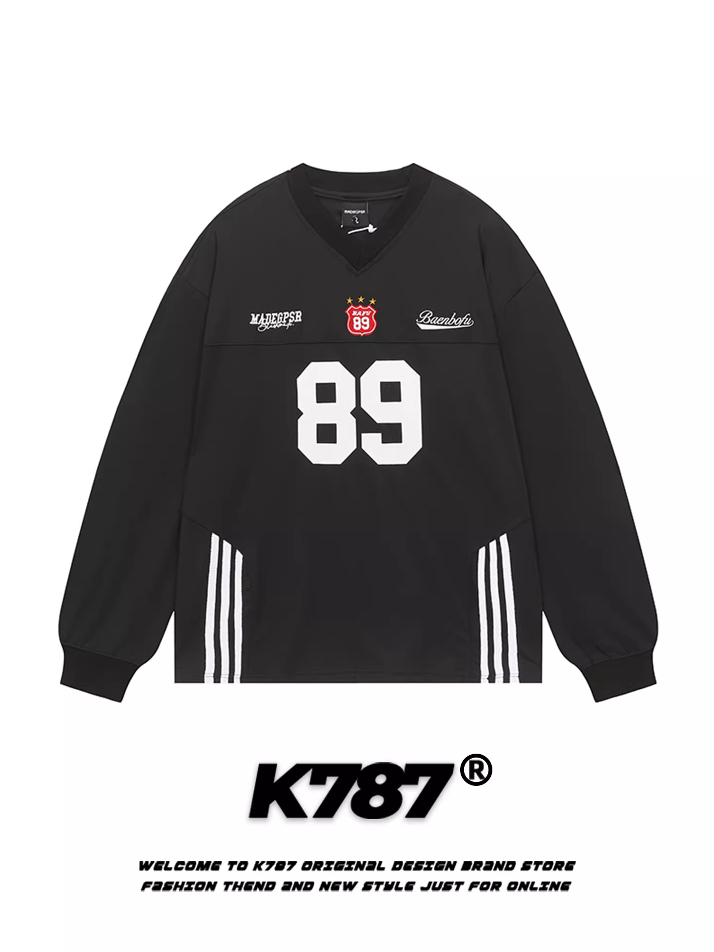 K787 Áo thun dài tay cổ chữ V in họa tiết cổ điển kiểu Mỹ dành cho nam và nữ, áo thun dáng rộng phong cách thể thao theo xu hướng quốc gia dành cho cặp đôi