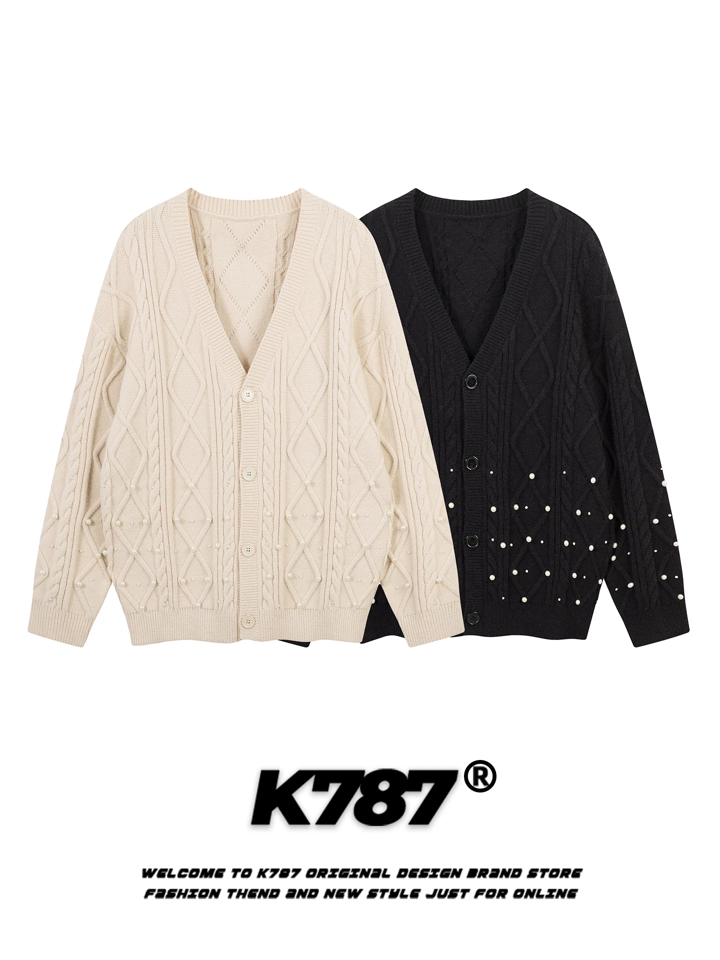 Áo cardigan dệt kim họa tiết kim cương cổ điển kiểu Mỹ K787 dành cho nam và nữ, áo len xếp lớp cổ chữ V, áo khoác rộng rãi dành cho cặp đôi mùa đông.