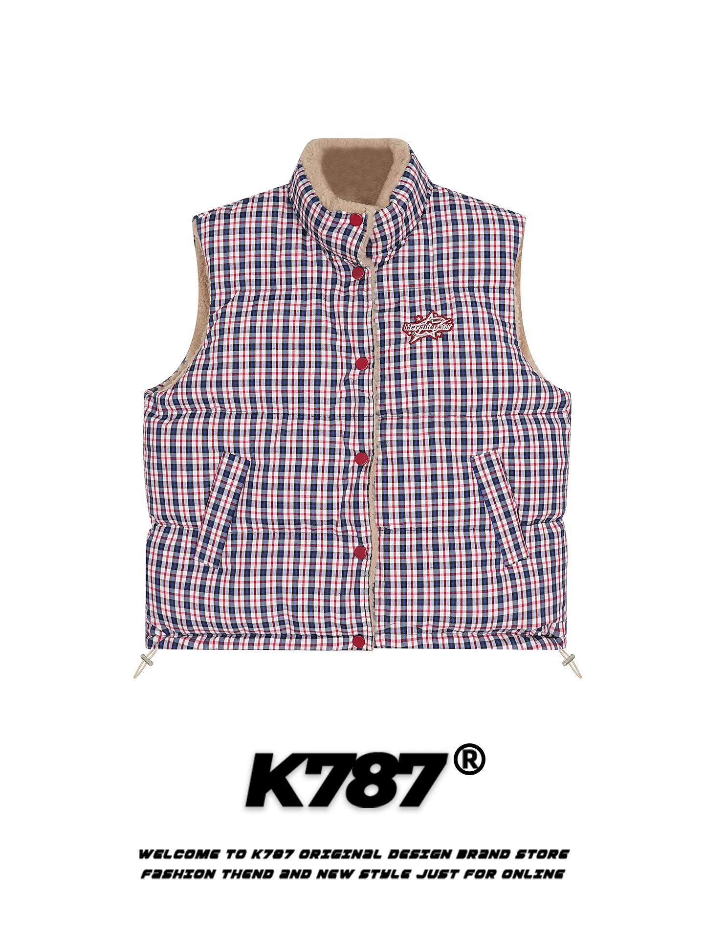 Áo vest hai mặt kiểu Mỹ K787, chất liệu nỉ kẻ caro thời trang dành cho nam và nữ, cổ đứng dày dặn, kiểu dáng rộng rãi nhiều lớp, thích hợp cho mùa đông.