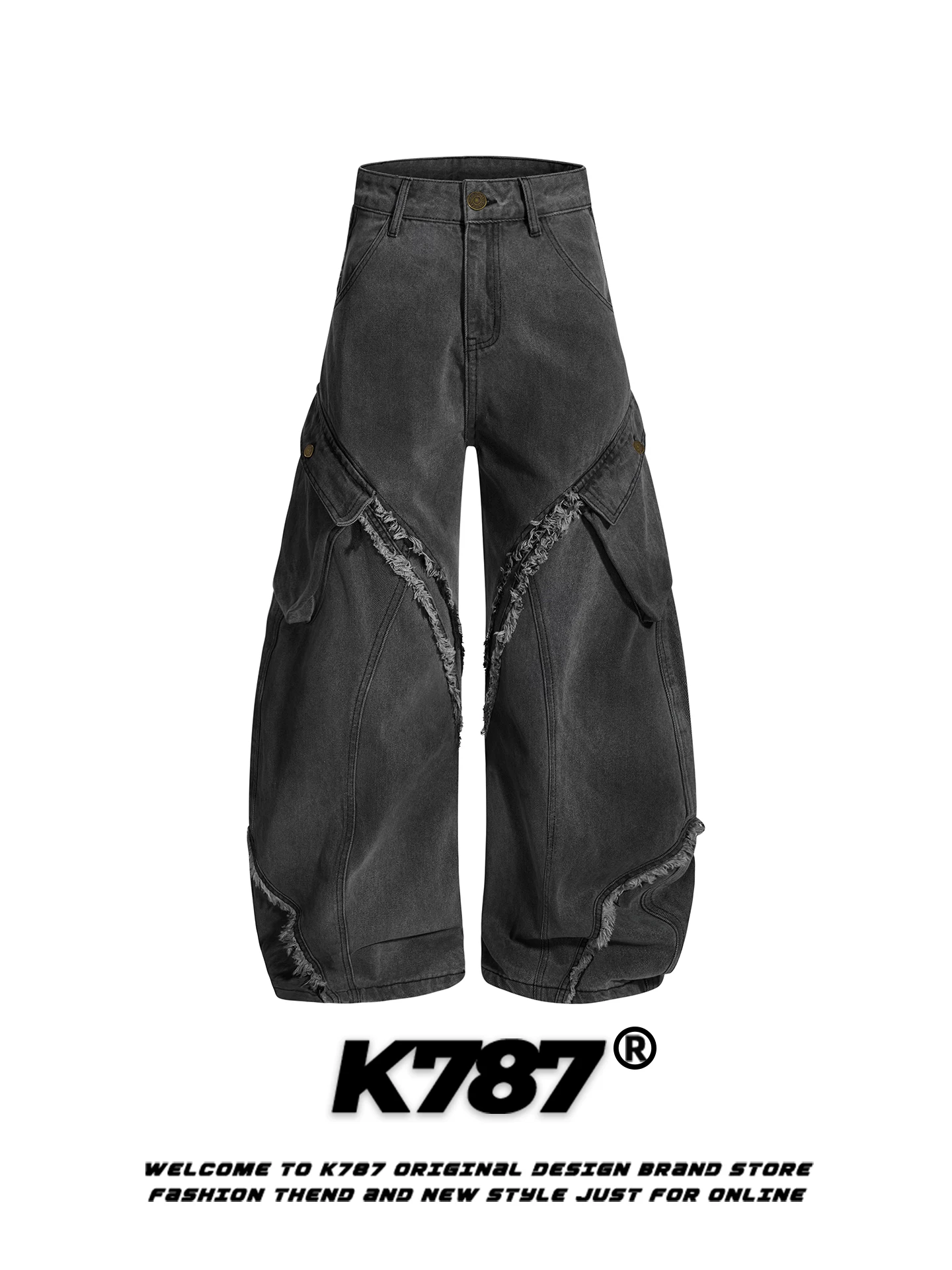 Quần jeans K787 kiểu Mỹ cổ điển, rách tua rua, dáng rộng unisex, xu hướng quốc dân, thiết kế phá cách, nhiều túi, ống rộng