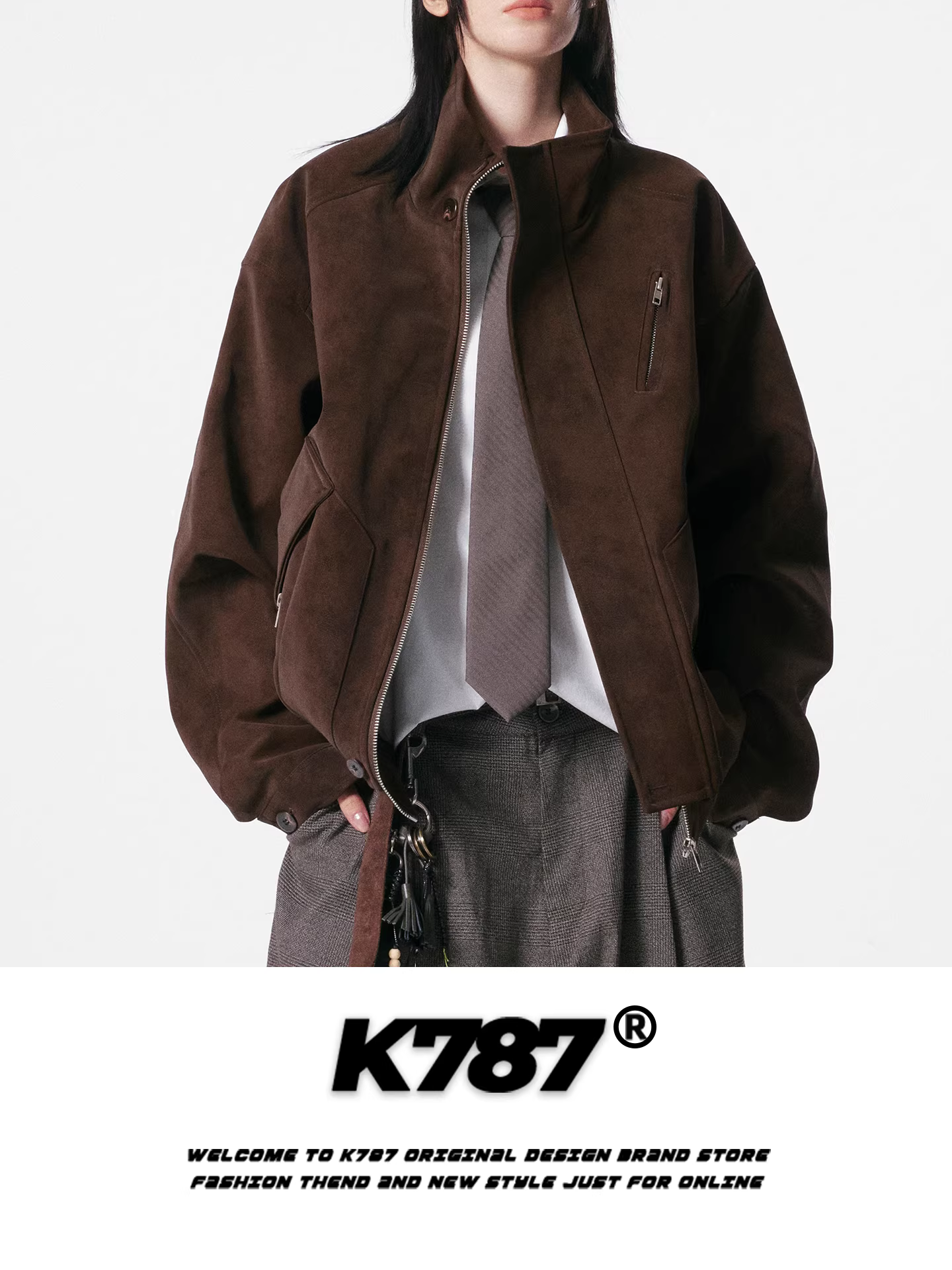 K787 Áo khoác da lộn ngắn cổ đứng phong cách retro cleanfit của Mỹ dành cho nam và nữ, áo khoác cặp đôi giản dị theo xu hướng quốc gia