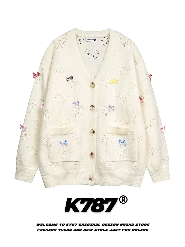 Áo cardigan dệt kim thêu nơ kiểu Mỹ cổ điển K787 dành cho nam và nữ, phong cách preppy mùa đông, áo khoác cặp đôi