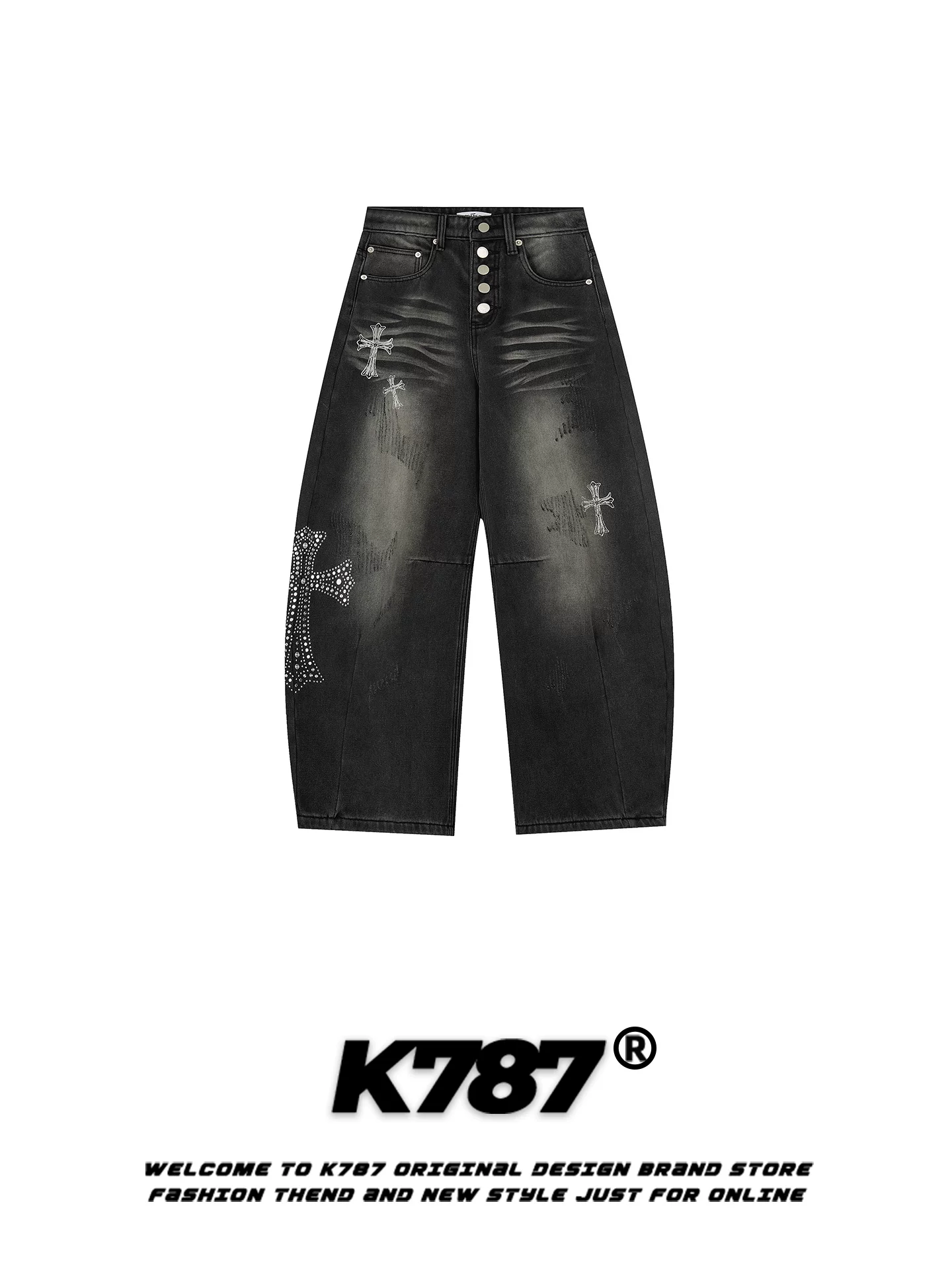 Quần jeans nữ thêu đá kiểu Mỹ cổ điển K787, dáng rộng, phong cách gothic, cạp cao, ống rộng, kiểu dáng thoải mái
