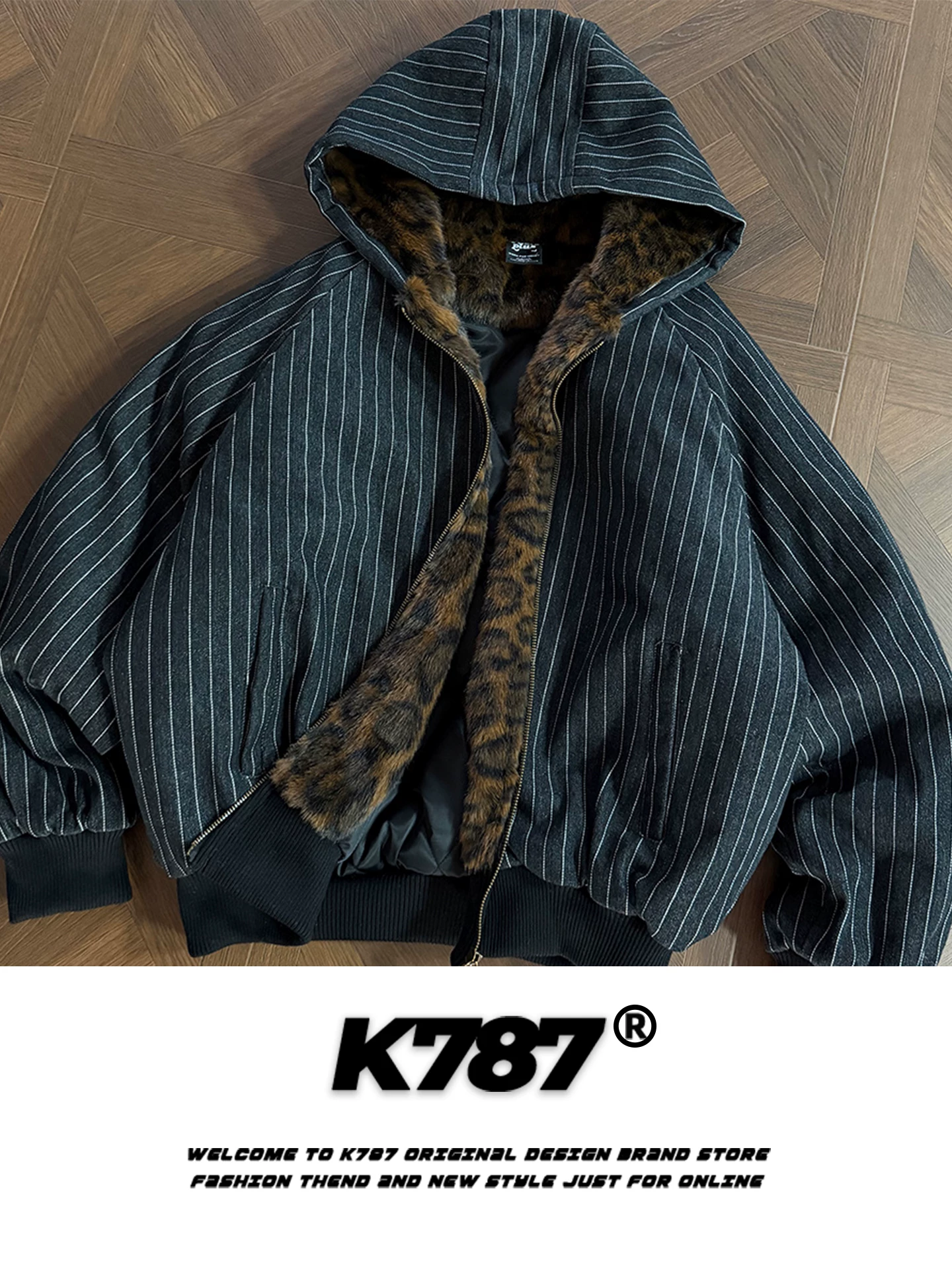 Áo khoác cotton có mũ trùm đầu họa tiết da báo cổ điển Mỹ K787 dành cho nam và nữ, áo khoác cotton có dây kéo ấm áp, kiểu dáng rộng, cổ điển, có lớp lót lông vũ