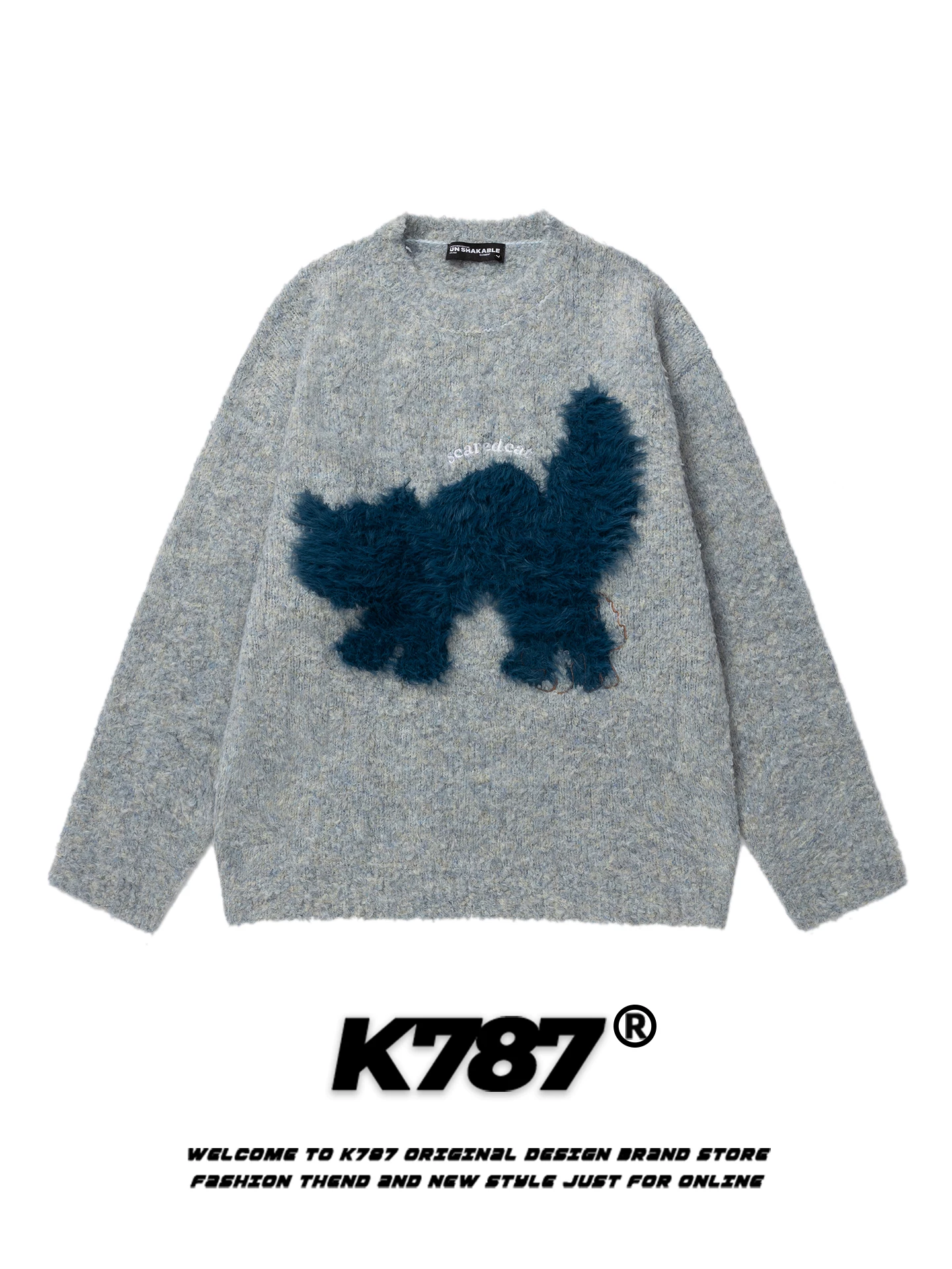 Áo len dệt kim thêu họa tiết mèo phong cách đường phố Mỹ K787, kiểu dáng unisex, cổ điển, thoải mái, rộng rãi, dành cho cặp đôi