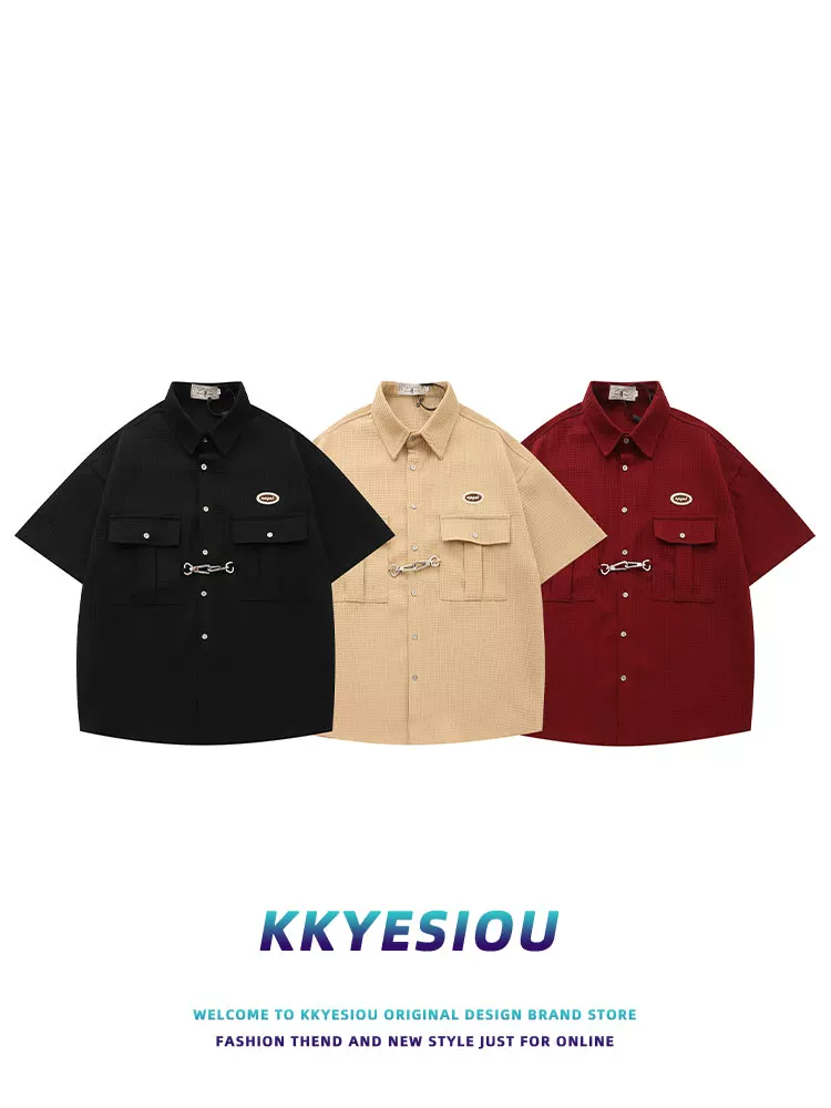 Áo sơ mi ngắn tay KKyesiou phong cách retro hip-hop thời thượng dành cho nam và nữ, áo đa năng phong cách đường phố Mỹ, phong cách đại học.