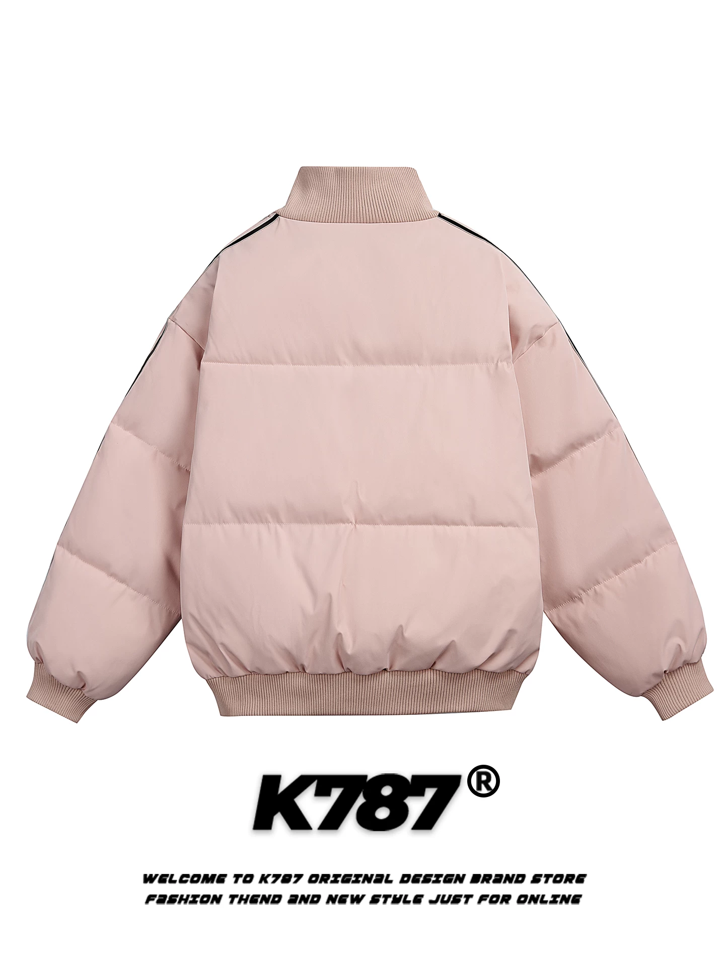 Áo khoác cotton cổ đứng thêu chữ kiểu Mỹ cổ điển K787 dành cho nam và nữ, dáng rộng, ấm áp, màu hồng, áo khoác cotton mùa đông dành cho cặp đôi