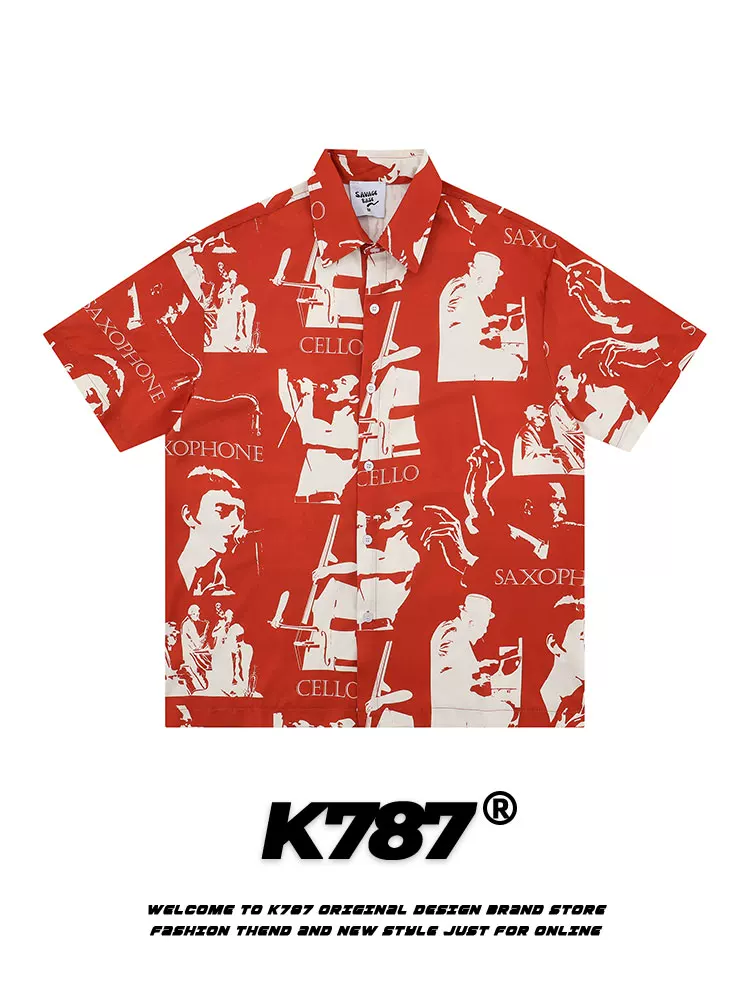 K787 Áo sơ mi ngắn tay dáng rộng in họa tiết cổ điển kiểu Mỹ dành cho nam và nữ áo cardigan nửa tay theo xu hướng quốc gia cổ điển dành cho cặp đôi