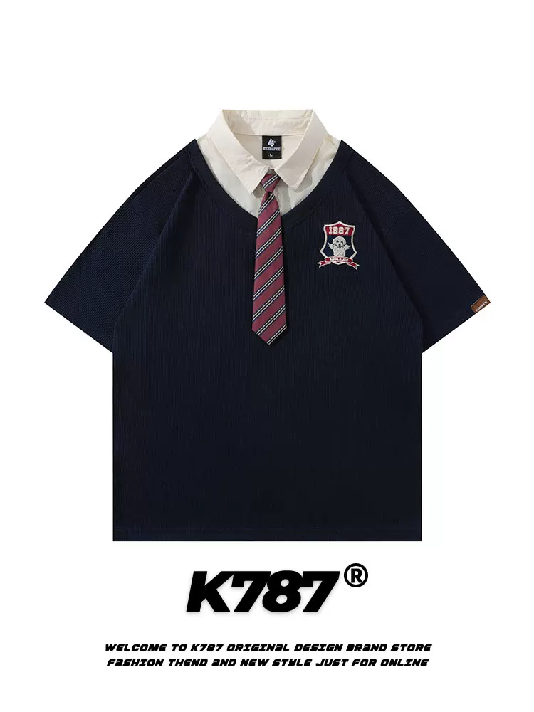 K787 Áo sơ mi POLO phong cách đại học đa năng theo phong cách retro Mỹ dành cho nam và nữ, áo thun ngắn tay giả hai mảnh có dây buộc thông thường