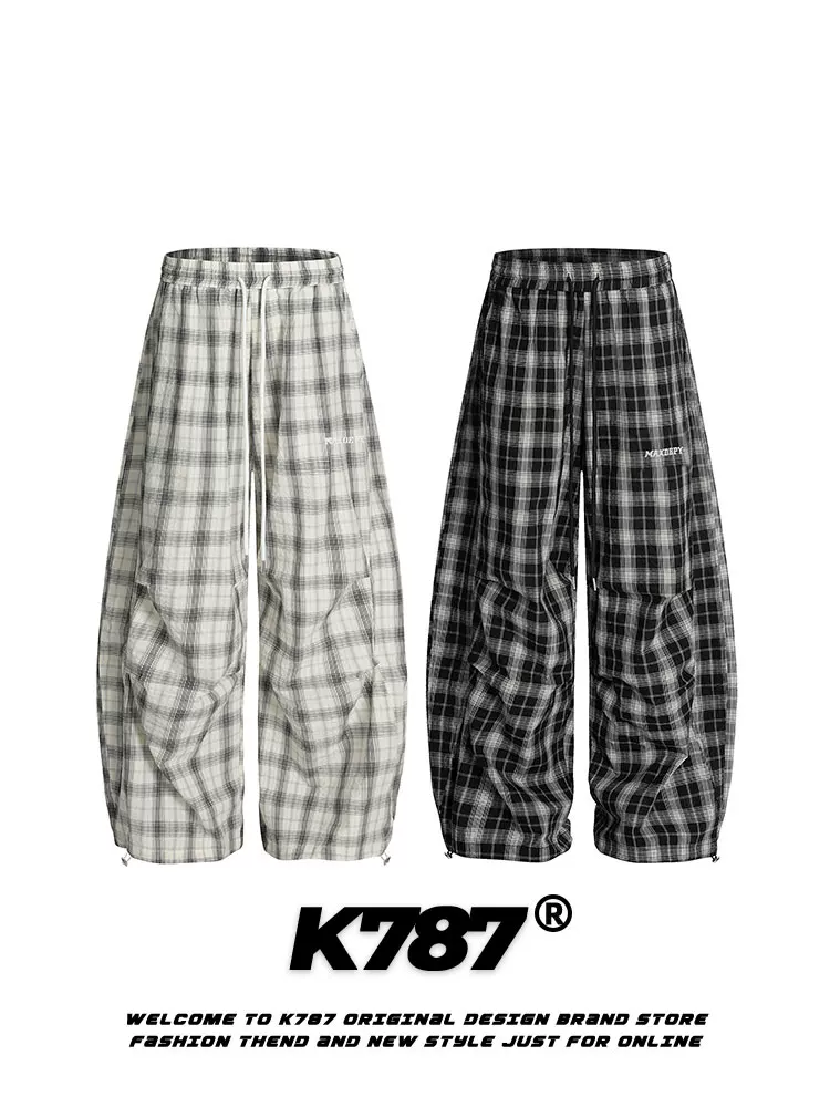 Quần kaki xếp ly kẻ caro kiểu Mỹ cổ điển K787, unisex, dáng rộng, chất liệu dù, cạp cao, phong cách đường phố, múa, kiểu dáng lửng.