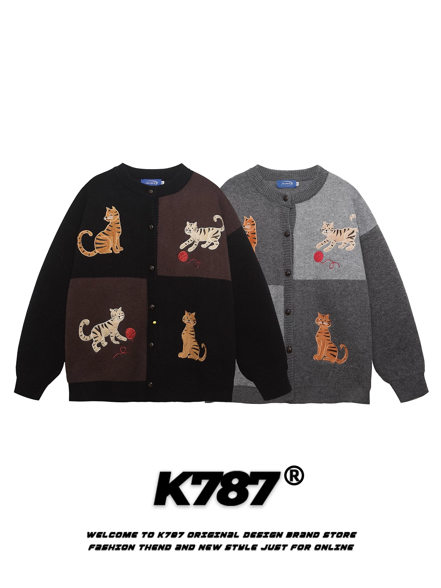 K787 Áo len cardigan thêu hình mèo cổ điển kiểu Mỹ unisex dáng rộng cổ điển cặp đôi dệt kim mùa thu