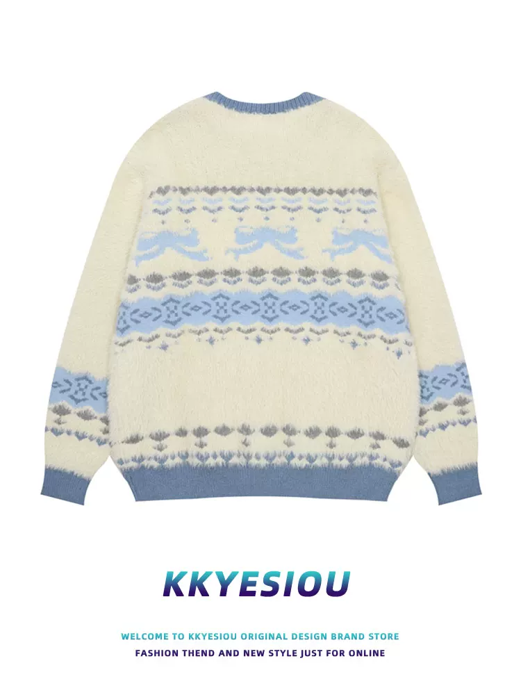 Áo len KKyesiou kiểu Mỹ cổ điển, thắt nơ, phong cách preppy dành cho nam và nữ, áo len cặp đôi màu sữa, phong cách giản dị, sang trọng.