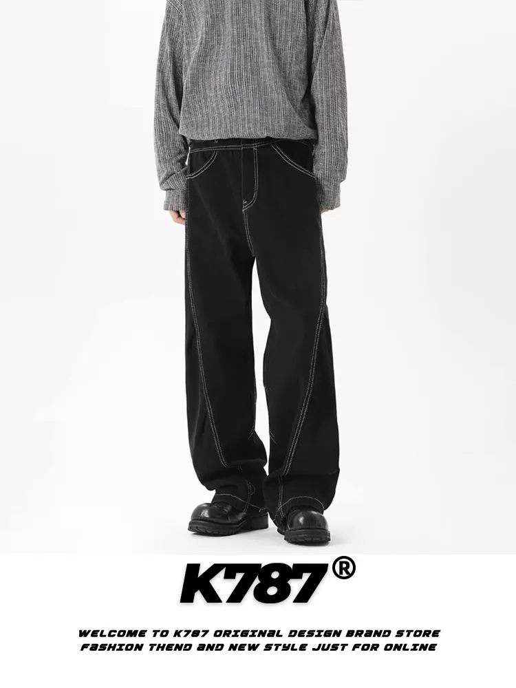 Quần jeans dáng xếp ly phong cách retro Mỹ K787 dành cho nam và nữ, quần ống đứng màu đen cạp cao, đa năng, phong cách thường ngày