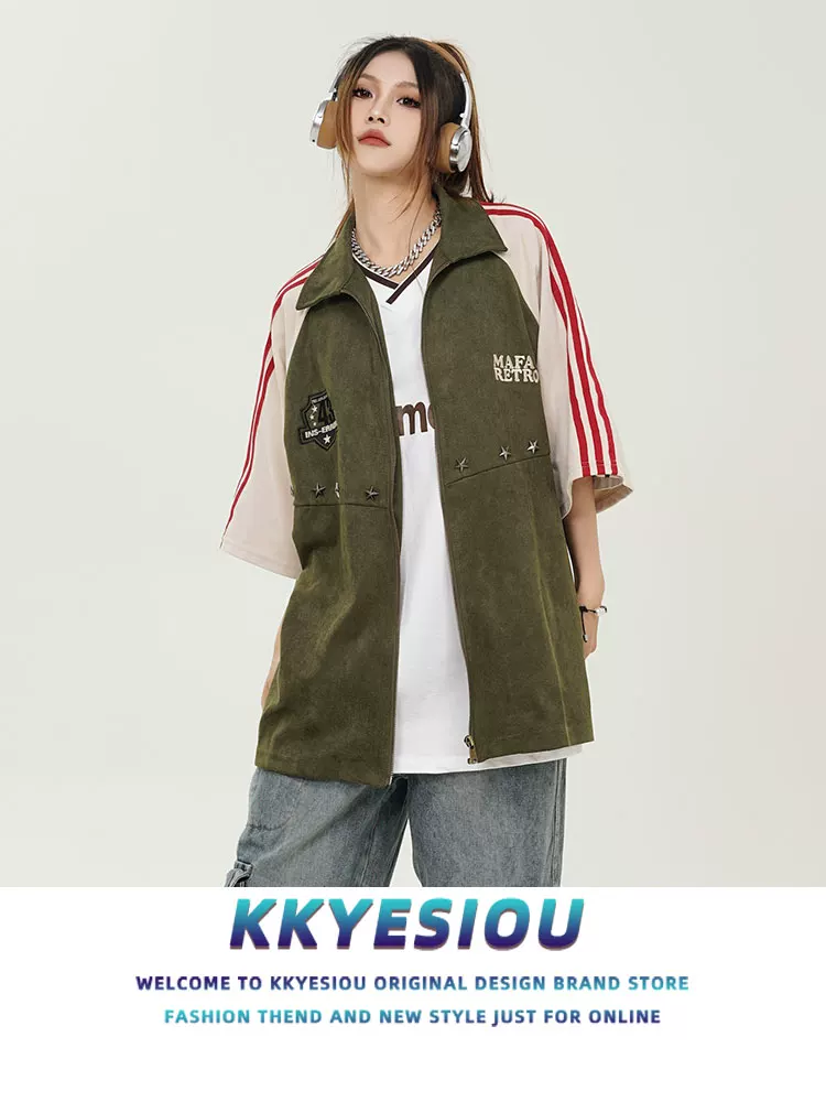 Áo sơ mi ngắn tay kiểu dáng thương hiệu KKyesiou thời thượng, tay raglan ba sọc, unisex, phong cách hip-hop, kiểu học sinh, có khóa kéo