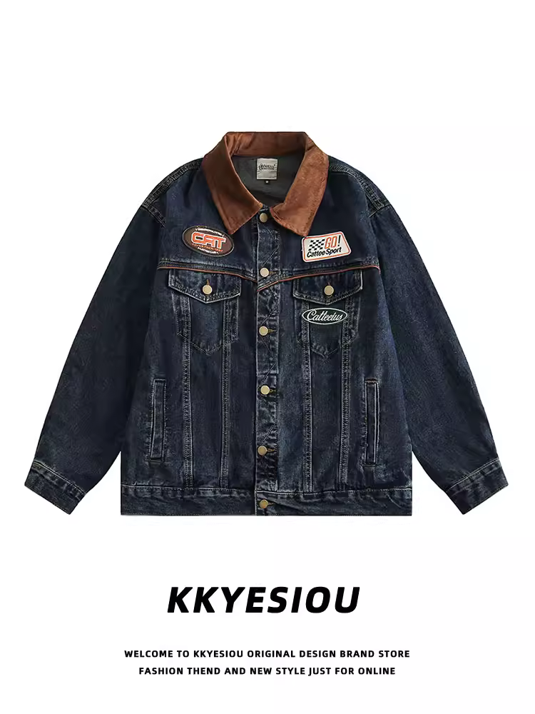 Áo khoác denim phối màu phong cách retro Mỹ của KKyesiou dành cho nam và nữ, áo khoác đôi thêu vintage