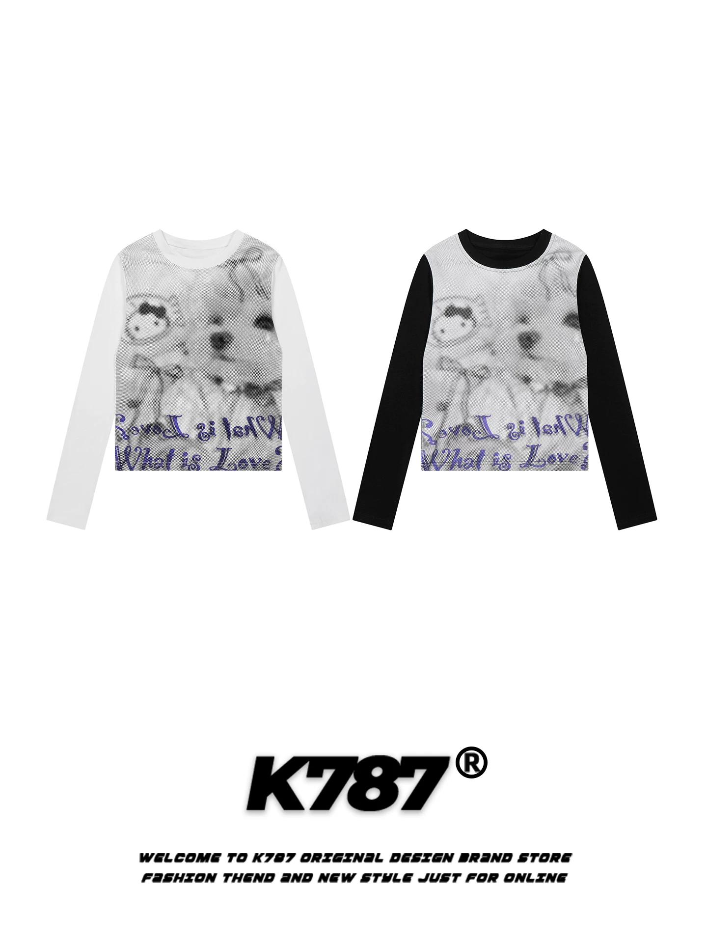 Áo thun nữ dài tay họa tiết mèo Kitty hoạt hình phong cách Mỹ K787, phối màu, ôm dáng, kiểu dáng dễ thương, áo ngắn.