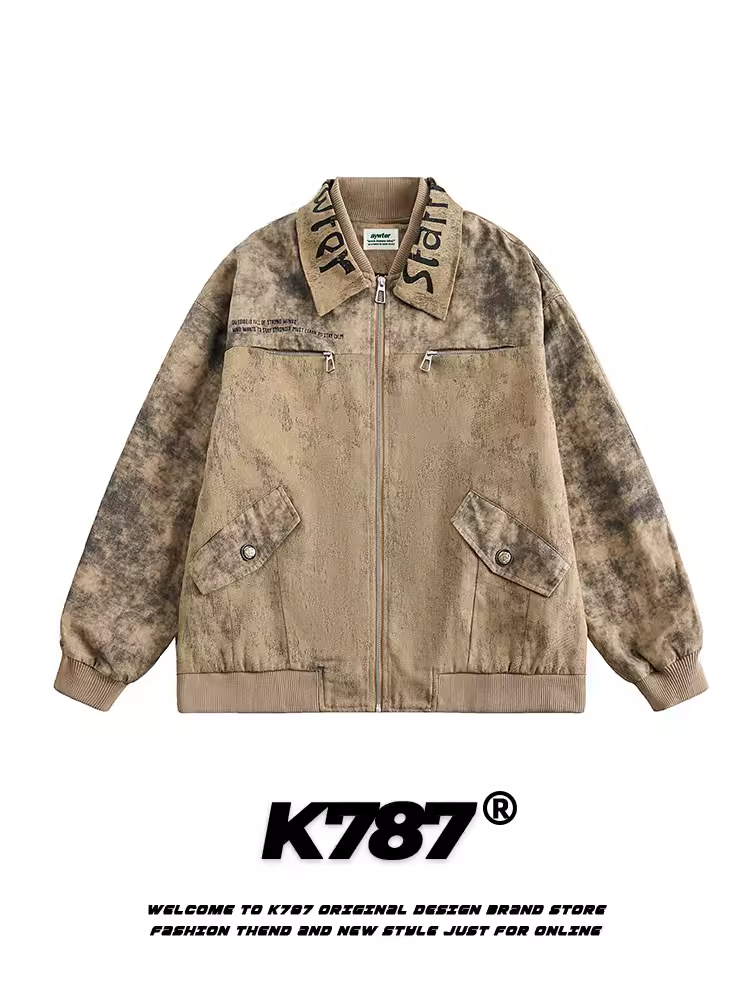K787 Áo khoác bảo hộ lao động phong cách cổ điển Mỹ được sơn phun kiểu cổ điển dành cho nam và nữ, thương hiệu thời trang đường phố cao cấp, áo khoác thêu có ve áo dành cho cặp đôi.