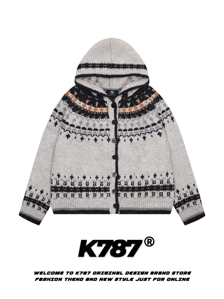 Áo len dệt kim có mũ trùm đầu phong cách dân tộc mùa đông K787 Feynman Island 2024 dành cho nữ, kiểu dáng thanh lịch, áo khoác cardigan mùa đông 2024