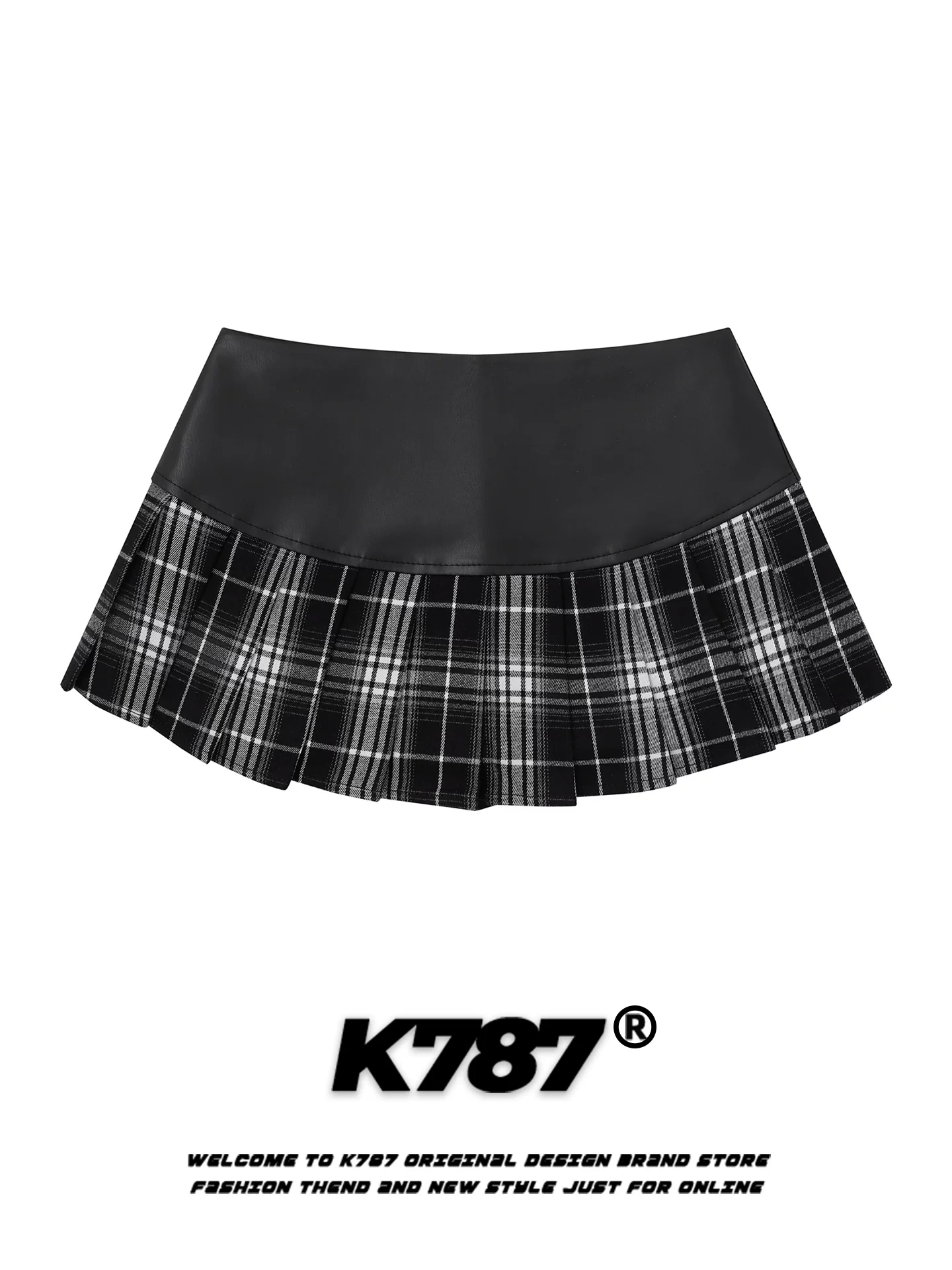 Váy xếp ly phối họa tiết ca rô K787 kiểu dáng nữ tính, cạp cao, tôn dáng, xếp ly, phong cách thuần khiết quyến rũ, trang trí đinh tán.