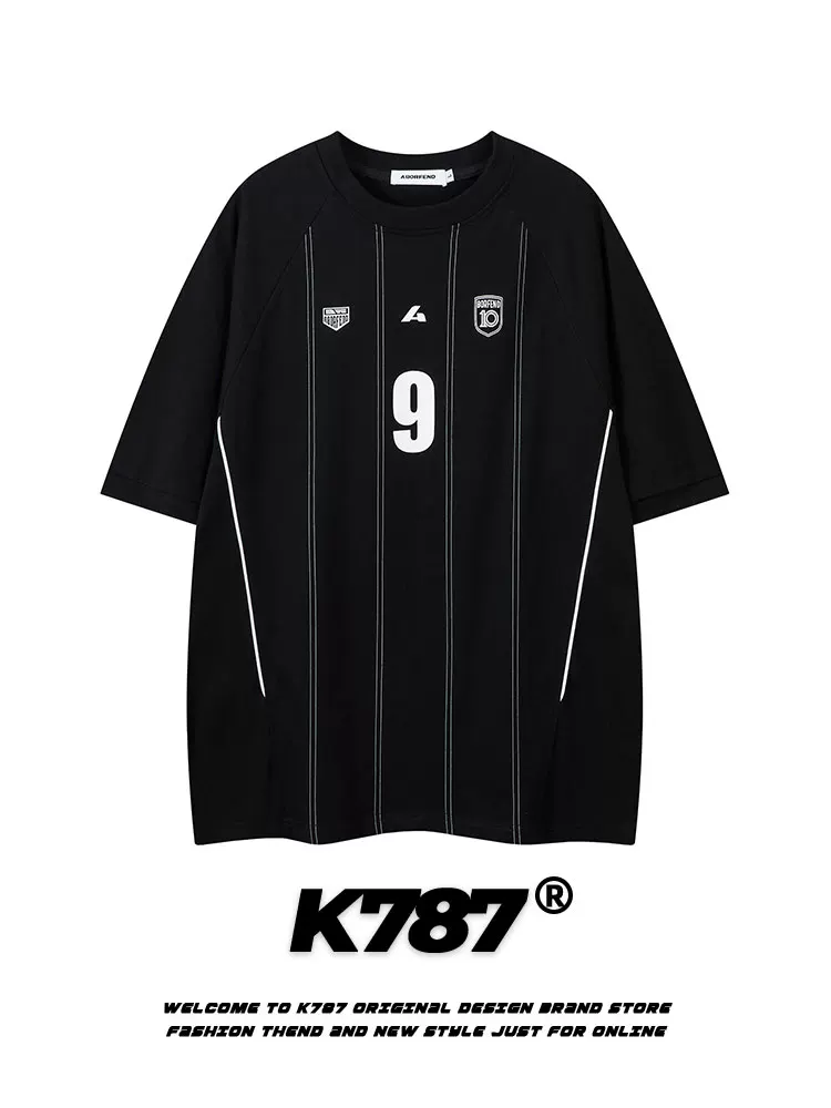 Áo thun ngắn tay sọc chữ thể thao cổ điển Mỹ K787 dành cho nam và nữ, áo jersey blokecore, áo thun cặp đôi đa năng.