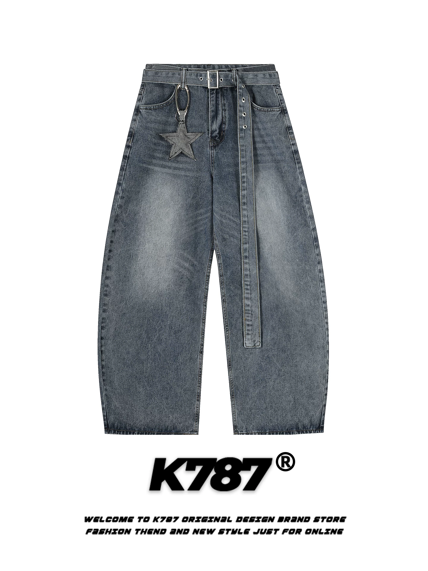 Quần jeans unisex cạp cao dáng rộng phong cách hip-hop, kiểu dáng retro Mỹ, họa tiết sao K787, dáng rộng thoải mái