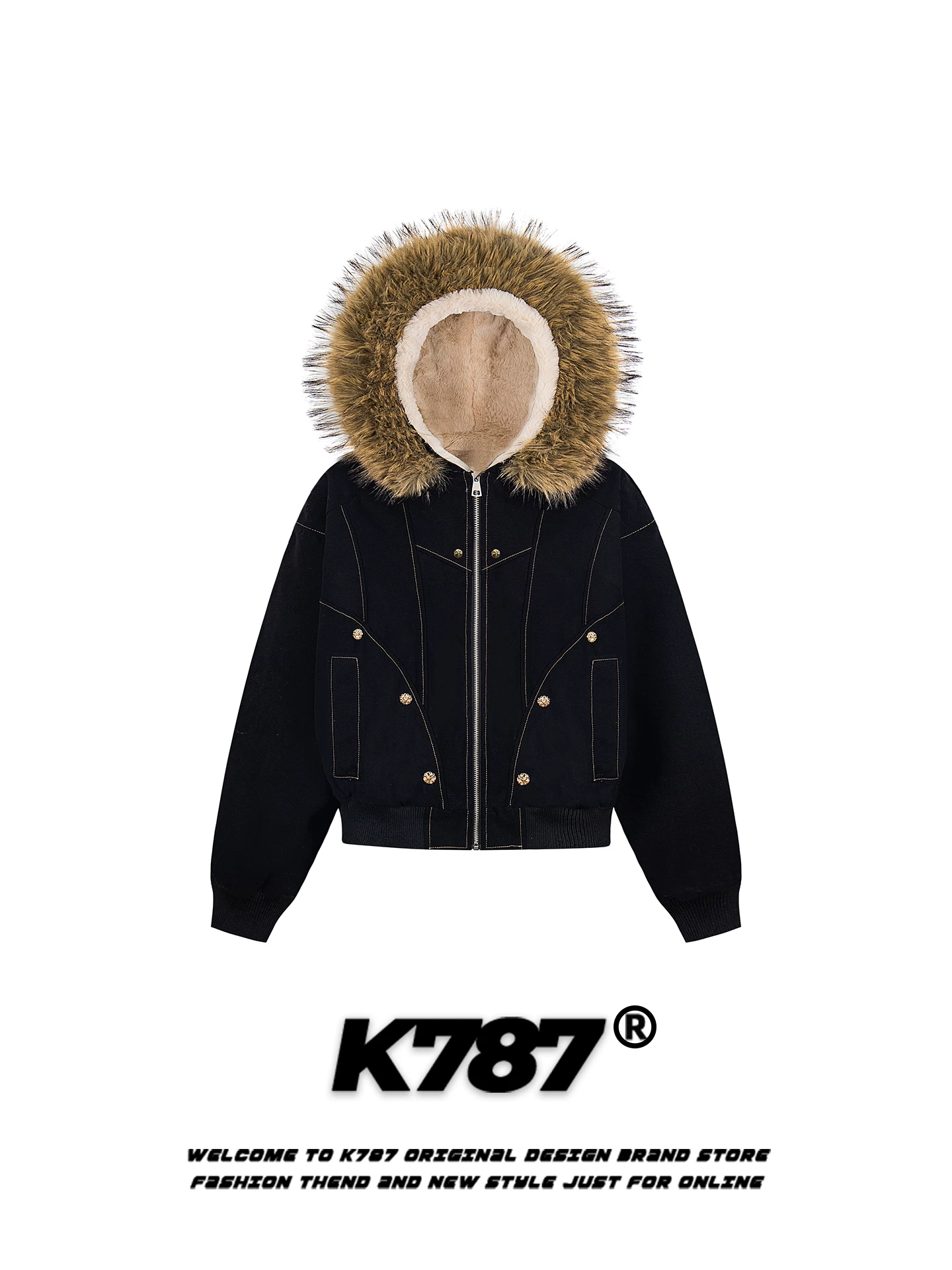 Áo khoác cotton có mũ trùm đầu cổ lông phong cách retro Mỹ K787 dành cho nam, áo khoác cotton có khóa kéo ấm áp, rộng rãi, kiểu dáng cặp đôi.