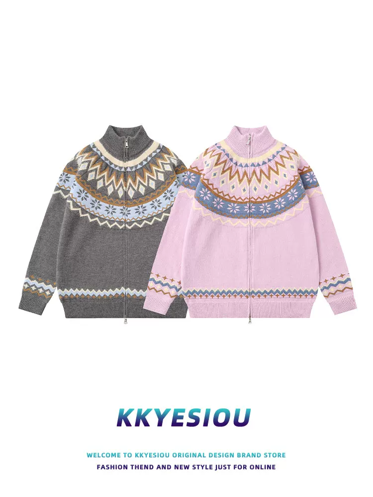 Áo khoác cardigan dệt kim sọc phong cách retro Mỹ KKyesiou, unisex, họa tiết đảo Feynman, khóa kéo, chất liệu jacquard