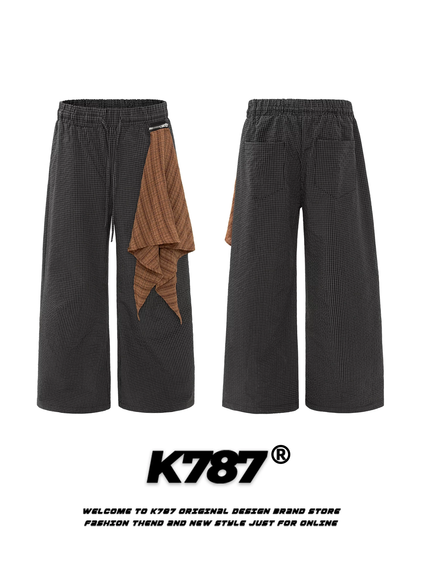 Quần âu kiểu Mỹ cổ điển K787, họa tiết ca rô, có thể tháo rời, dành cho nam và nữ, kiểu dáng lười, cạp cao, ống rộng, dài chấm đất