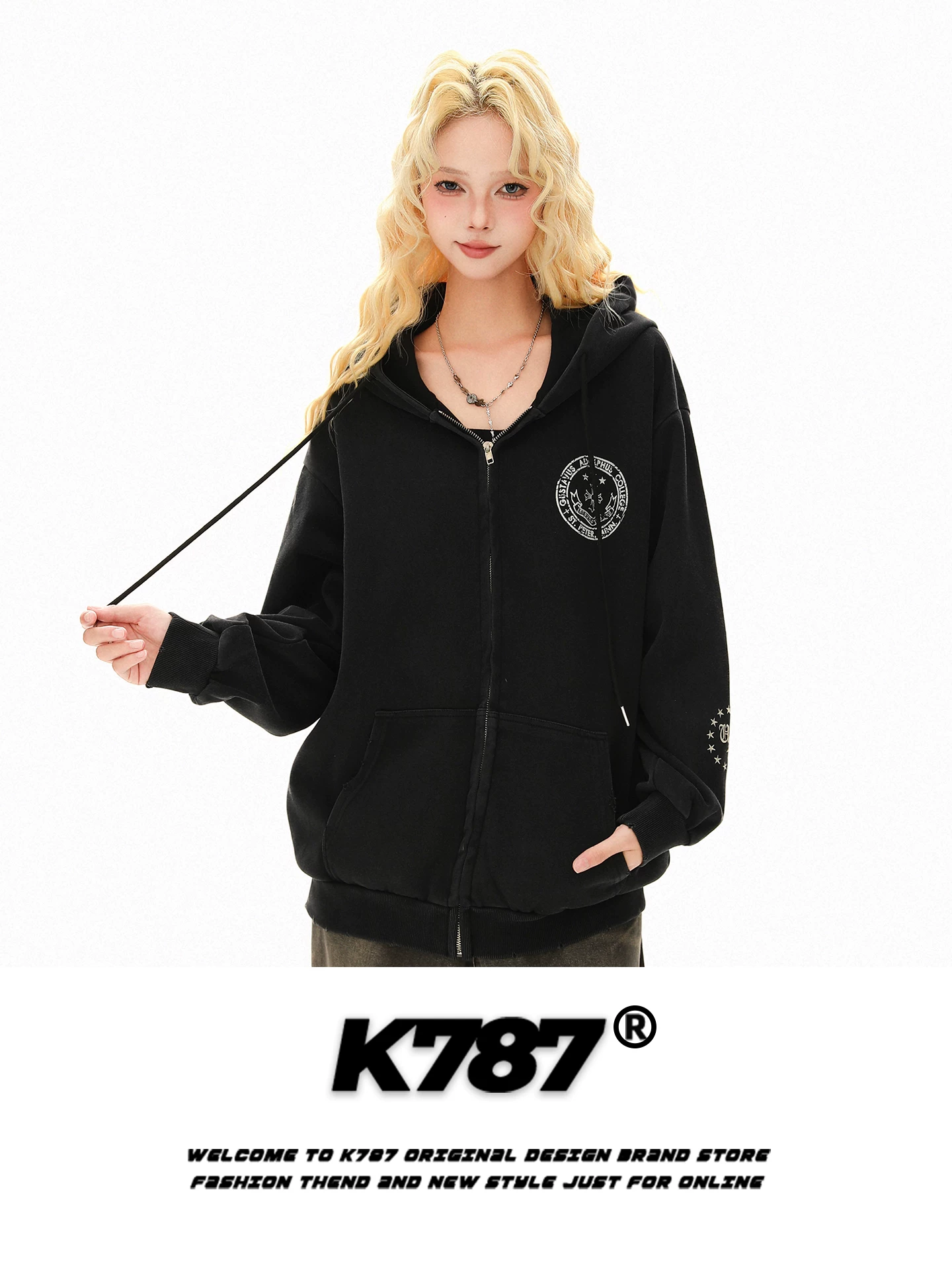 Áo hoodie phong cách đường phố Mỹ K787 in hình quốc kỳ ở phía sau, áo khoác có khóa kéo kiểu unisex, kiểu dáng thời trang dành cho cặp đôi