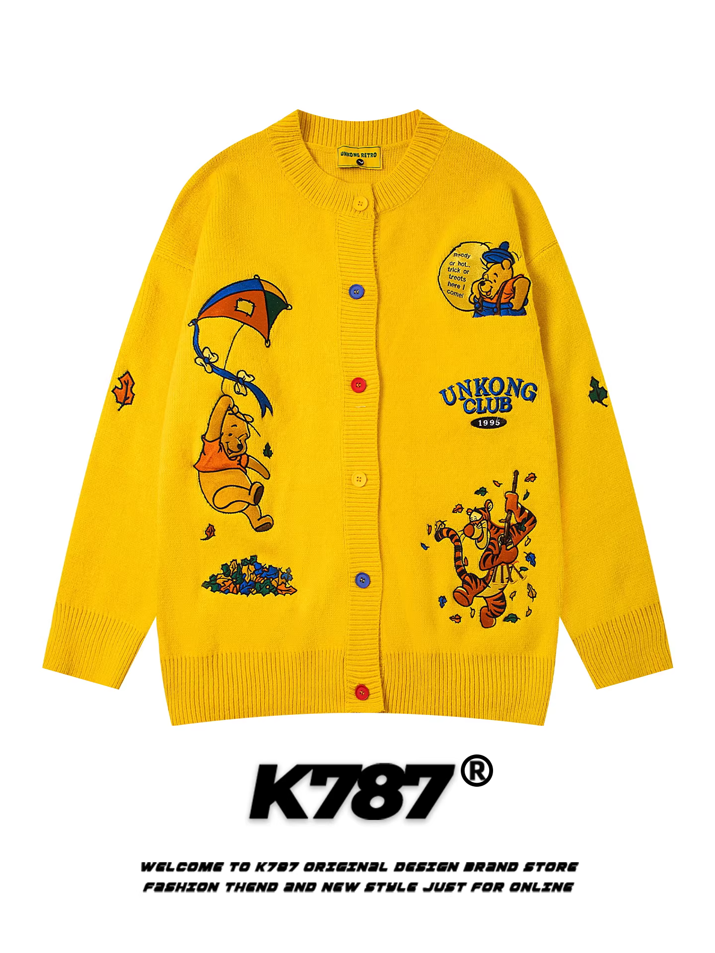 K787 Áo len cardigan thêu hình Winnie the Pooh phong cách Mỹ dành cho nam và nữ, áo khoác dệt kim kiểu dáng rộng rãi và lười biếng dành cho cặp đôi