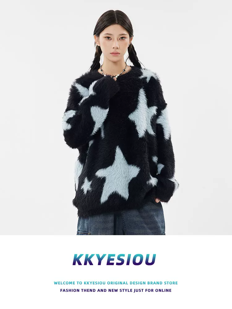 Áo len dệt kim hình sao mohair kiểu dáng cổ điển Mỹ, thương hiệu KKyesiou, unisex, dáng rộng, mặc thường ngày, dành cho cặp đôi