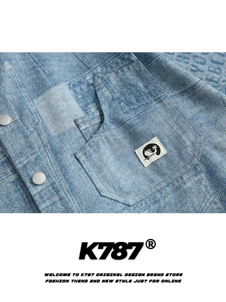 K787 Áo sơ mi dài tay denim thiết kế họa tiết cổ điển kiểu Mỹ dành cho nam và nữ áo khoác cặp đôi mỏng giản dị cổ điển