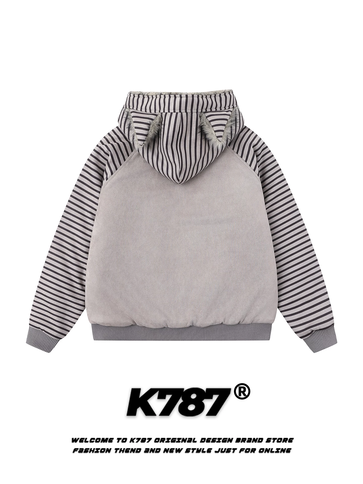 Áo khoác cotton có mũ trùm đầu hình tai mèo sọc cổ điển kiểu Mỹ K787 dành cho nam và nữ, áo khoác cardigan cotton dày dặn và ấm áp dành cho cặp đôi.