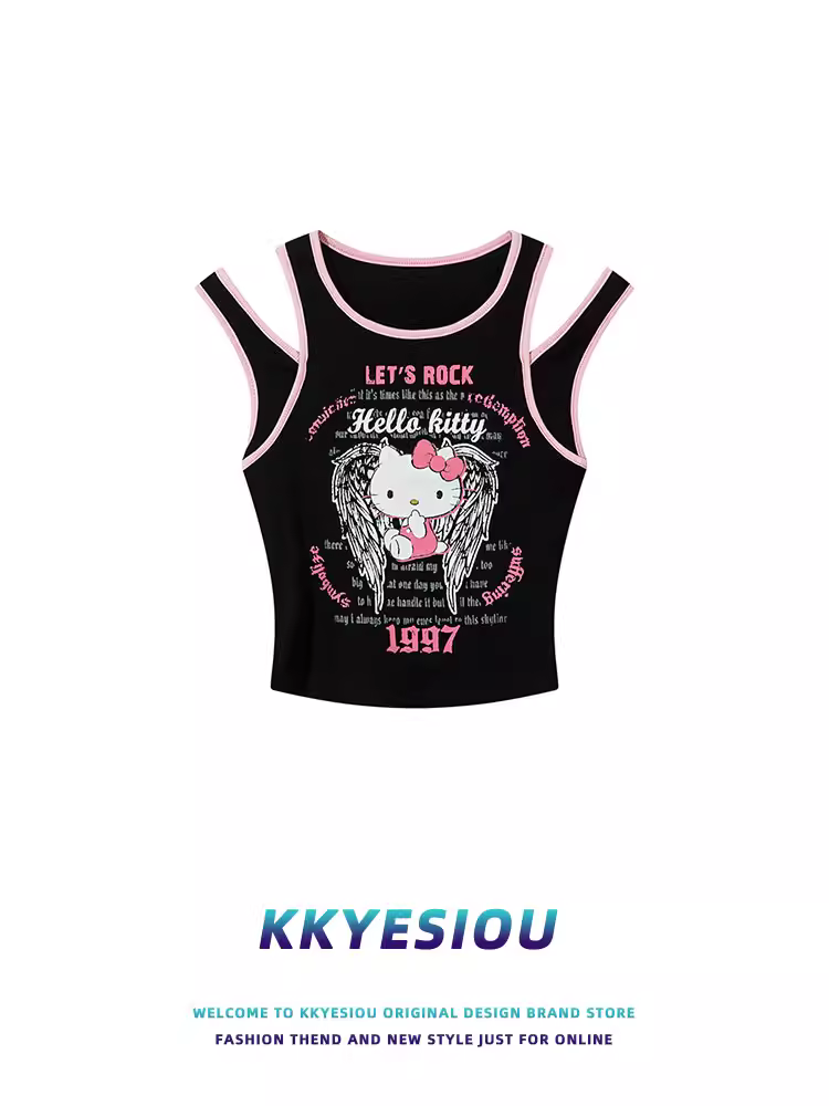 Áo thun ngắn tay không tay đa năng màu đen và hồng Hello Kitty của KKyesiou dành cho nữ