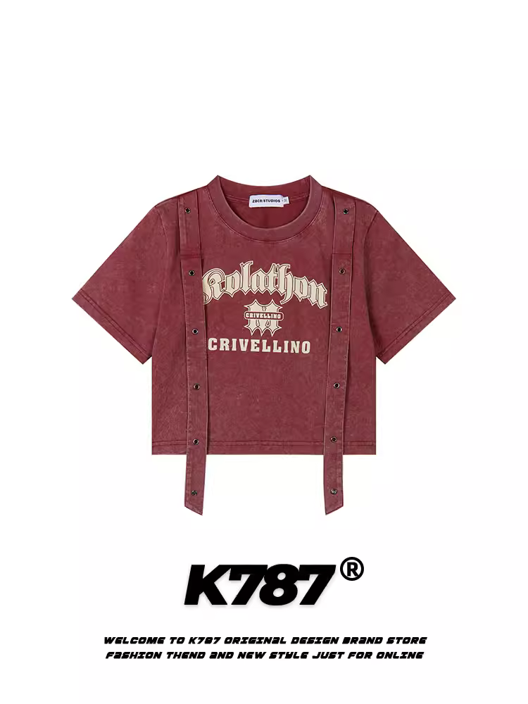 Áo thun nữ K787 kiểu Mỹ cổ điển, chất liệu washed, ngắn tay, có dây đeo vai, phối vải, vai rách, kiểu dáng ngắn.