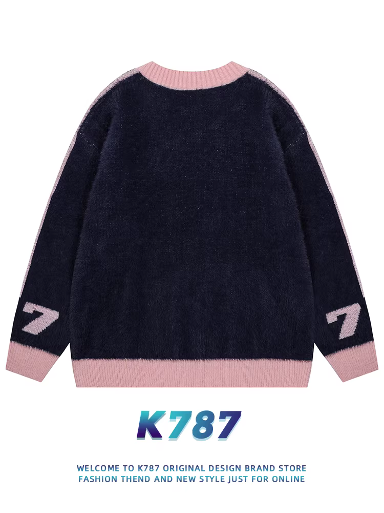 Áo len thể thao phối màu hồng đen kiểu Mỹ cổ điển K787 dành cho nam và nữ, áo len cổ V phong cách blockcore dành cho cặp đôi