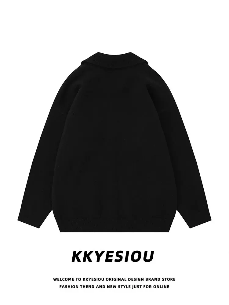Áo khoác dệt kim jacquard thỏ cổ điển kiểu Mỹ KKyesiou dành cho nam và nữ, áo dệt kim dáng rộng màu đen phong cách preppy dành cho cặp đôi