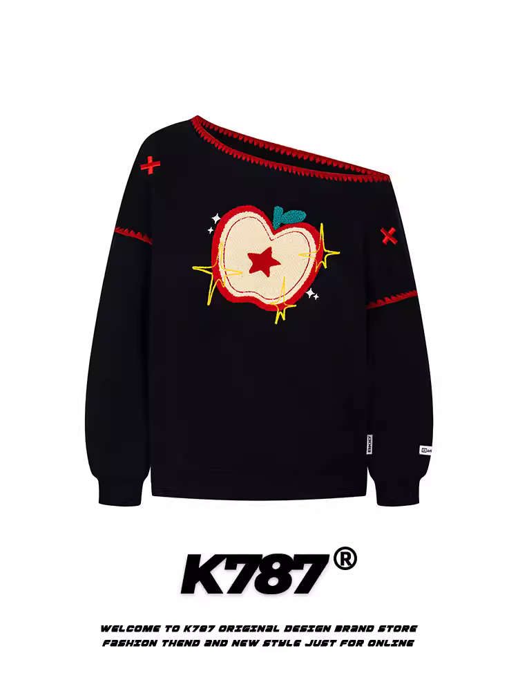 Áo len trễ vai thêu hình quả táo kiểu Mỹ cổ điển K787 dành cho nữ, phong cách gợi cảm và thoải mái, áo ngắn dáng rộng, phong cách giản dị