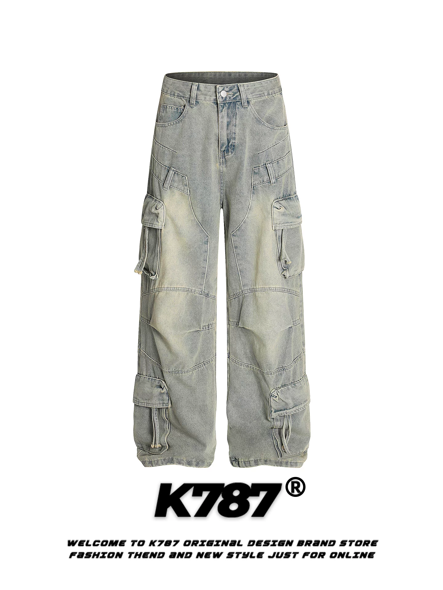 Quần jeans unisex K787 kiểu Mỹ cổ điển, xước, rách, nhiều túi, dáng thẳng, ống rộng, cạp cao, phong cách đường phố