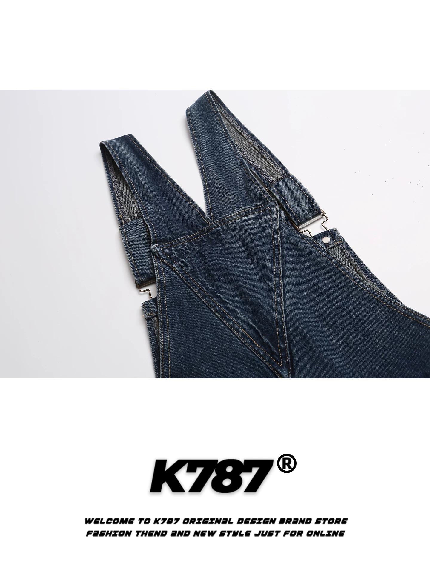 K787 Quần yếm denim thêu hoạt hình cổ điển kiểu Mỹ dành cho nam và nữ, dáng rộng, kiểu dáng thời trang đường phố.