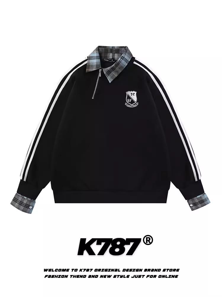 Áo khoác kiểu polo phối kẻ caro giả hai lớp phong cách retro Mỹ K787, cổ chéo, unisex, phong cách đại học, mùa xuân 2025, dành cho cặp đôi