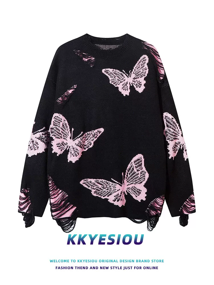 Áo len dệt kim vintage kiểu dáng rộng rãi, họa tiết bướm tua rua, chất liệu jacquard, unisex, dành cho cặp đôi, thương hiệu KKyesiou.