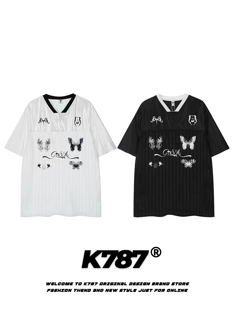 K787 phong cách lười biếng in hình bướm chắp vá jersey nửa tay áo unisex blokecore áo thun ngắn tay cổ chữ V dáng rộng mùa hè