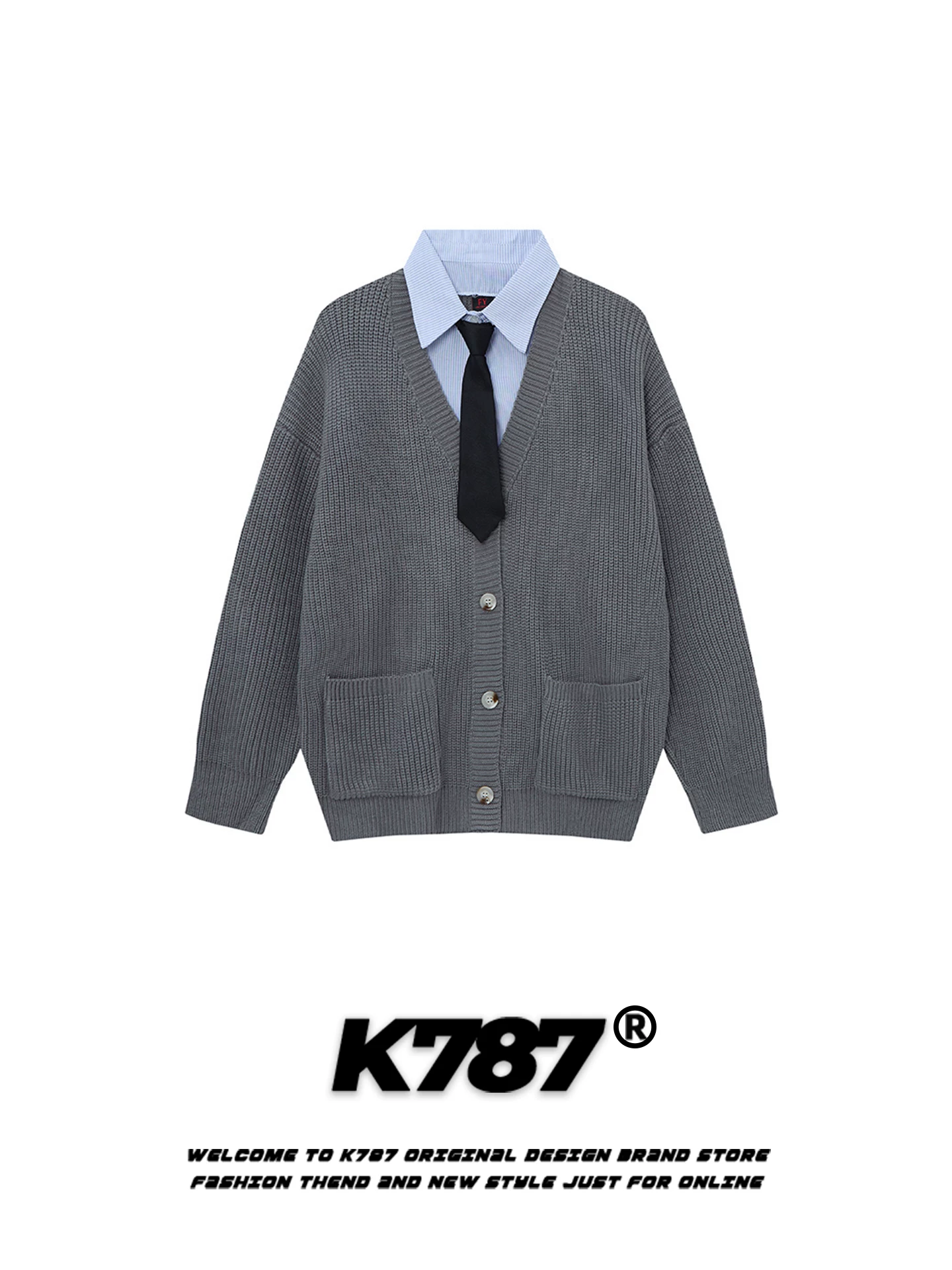 Áo len cardigan giả hai mảnh kiểu Mỹ cổ điển K787 dành cho nam và nữ, kiểu dáng rộng rãi phong cách đại học, áo khoác len cặp đôi mùa thu đông