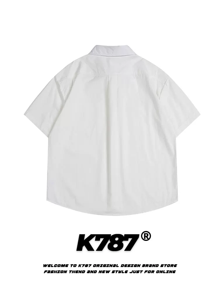 Áo sơ mi ngắn tay màu trơn phong cách retro Mỹ K787, đa năng, rộng rãi, unisex, phong cách sinh viên, thường ngày, mùa hè 2025, áo đôi