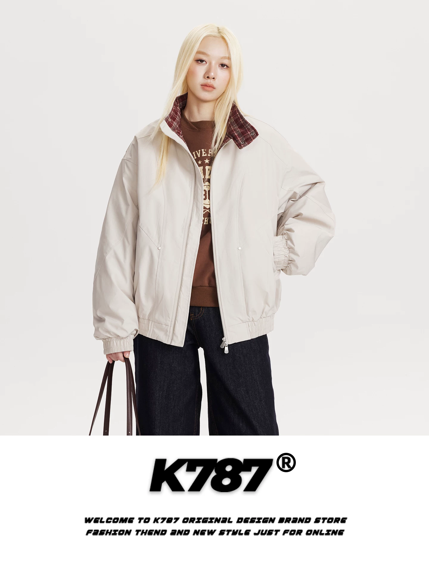 Áo khoác cardigan cotton unisex dáng rộng phong cách retro Mỹ, phối màu caro, cổ đứng, thương hiệu thời trang, ấm áp, dành cho cặp đôi.
