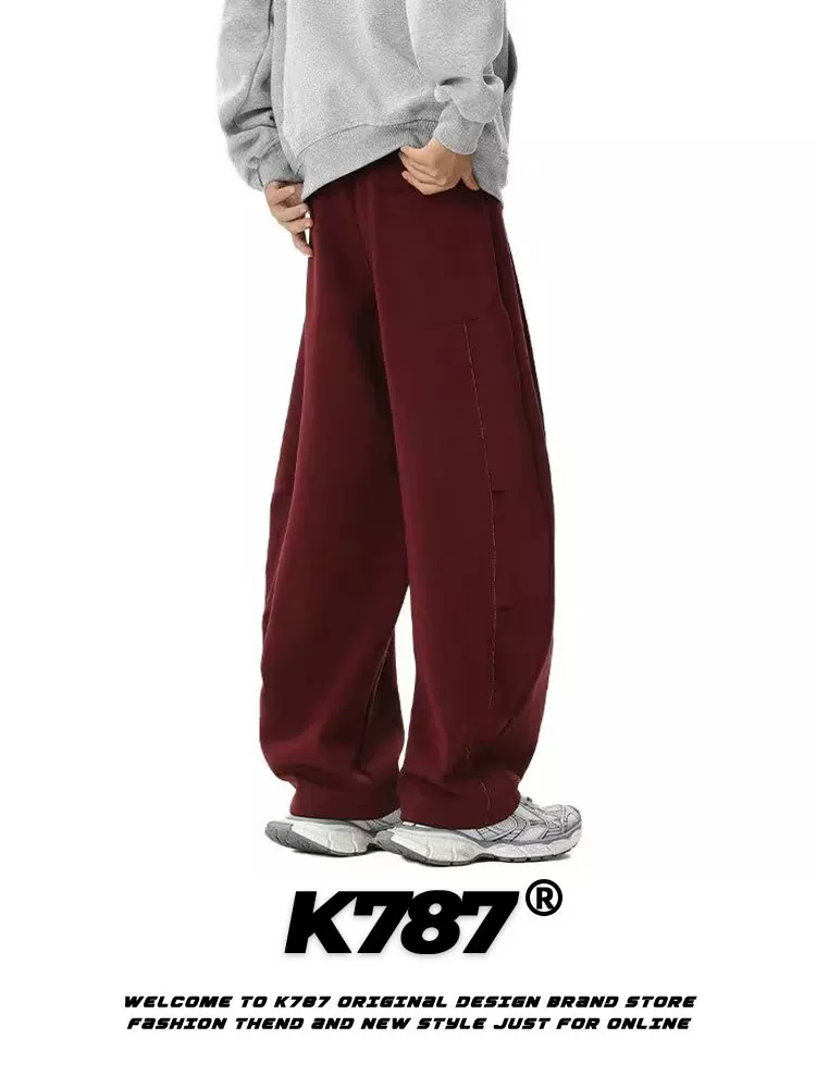 K787 Quần xếp ly kiểu Mỹ cổ điển Angora màu đỏ kiểu dáng oversized hip-hop khiêu vũ đường phố thể thao quần thẳng thông thường
