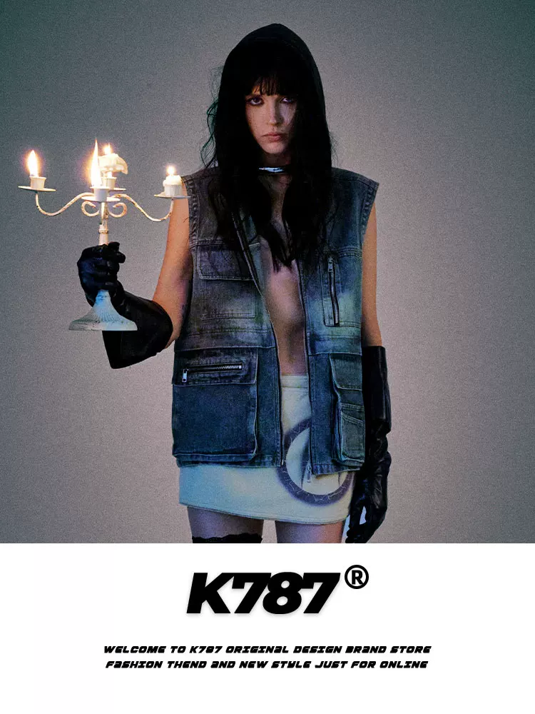 Áo khoác denim có mũ trùm đầu nhiều túi kiểu Mỹ cổ điển K787, unisex, thời trang, kiểu dáng nhiều lớp, áo khoác ngắn, phong cách công sở