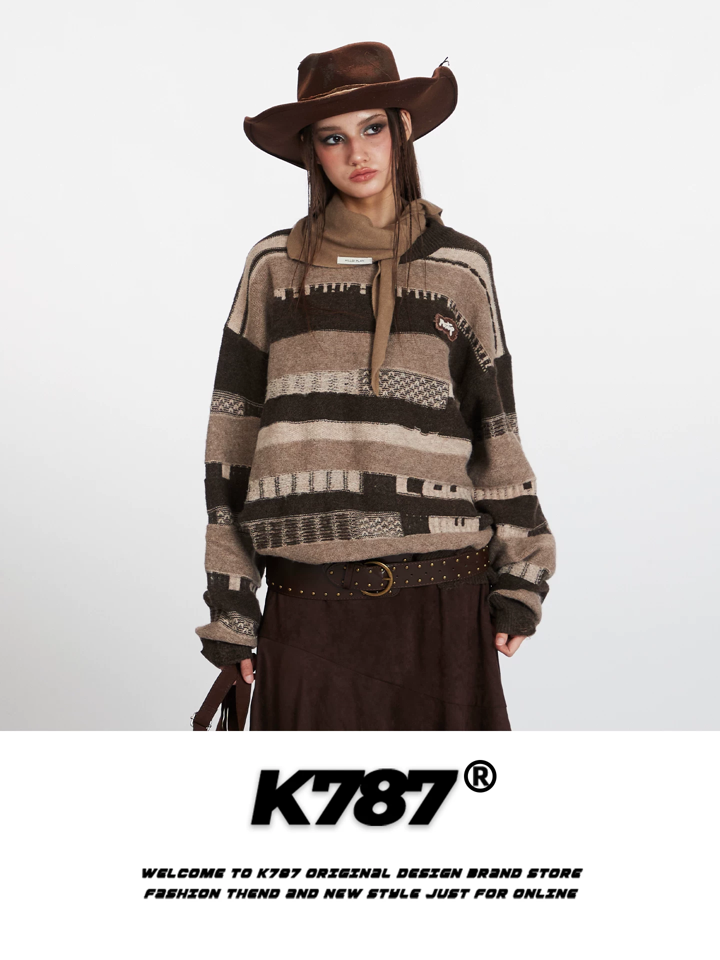 Áo len dệt kim cổ tròn phối màu retro kiểu Mỹ K787 dành cho nam và nữ, dáng rộng, kiểu cũ kỹ, ấm áp, phong cách lười biếng, áo len đôi.