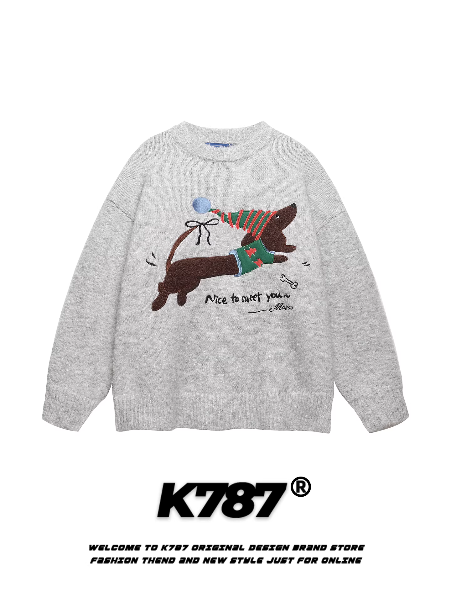 Áo len cổ tròn thêu hình chó dachshund kiểu Mỹ cổ điển K787 dành cho nam và nữ, áo len cặp đôi phong cách đại học rộng rãi cho mùa thu.